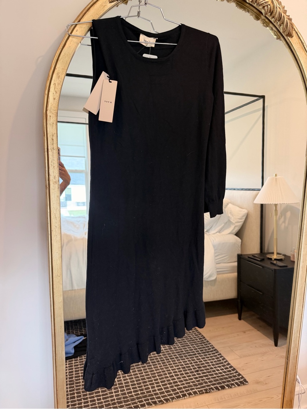 TOVE Black Asymmetrical Rib-Knit Midi Dress